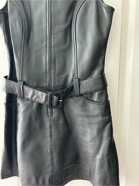 Sleeveless Black  Leather Belted Mini Dress